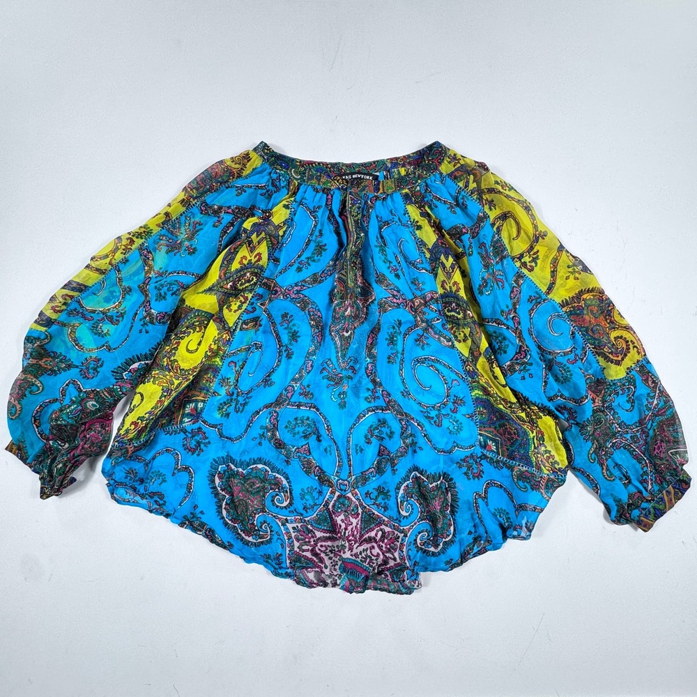 KAS NEWYORK Women's Small Silk Paisley Sheer‎ Boho Blouse Top Blue Yellow
